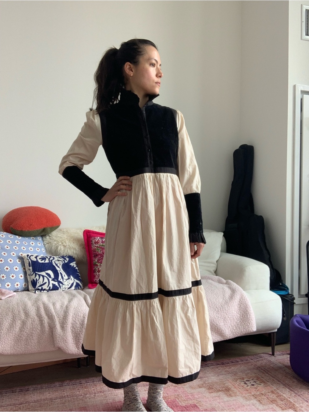 Batsheva Cream Maxi Dress with Black Bodice and Trim